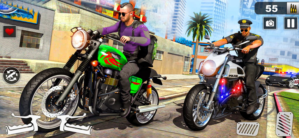 Police Moto Bike Chase Crime - Un oficial de policía en motocicleta persiguiendo a un criminal por una calle de la ciudad en un juego simulador de crimen en moto