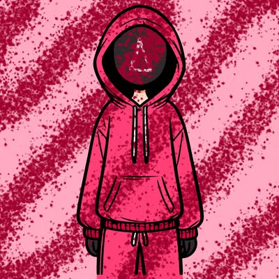 faceless girl in a tracksuit with a hood on and no hair