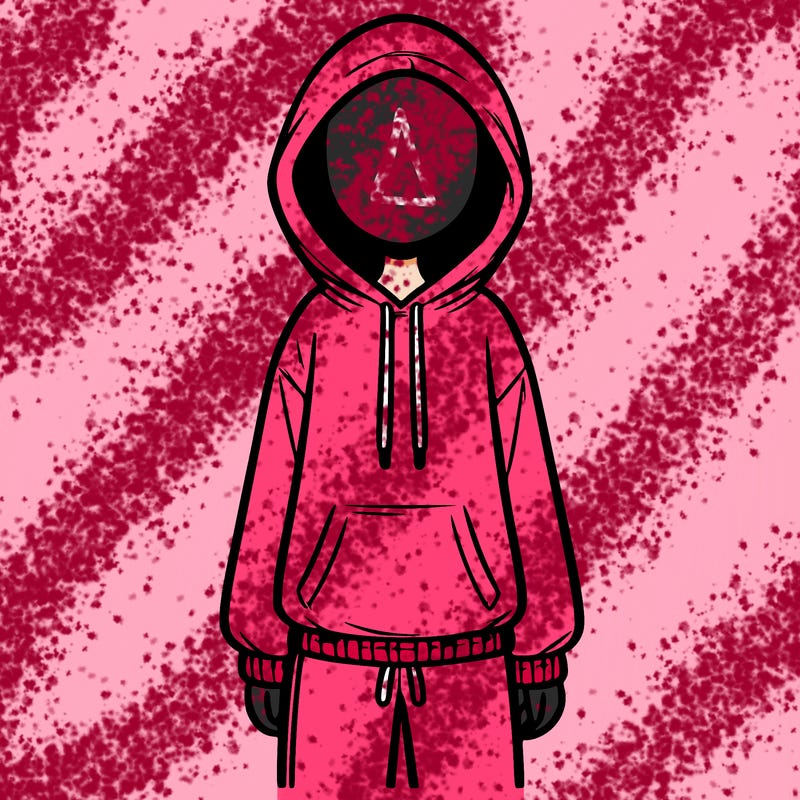 faceless girl in a tracksuit with a hood on and no hair