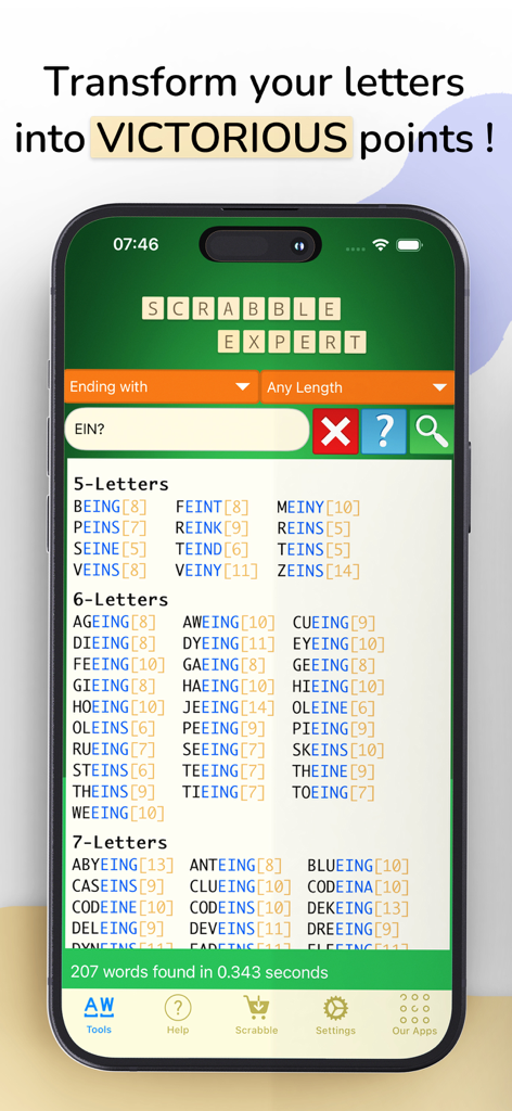 Word Expert app screen showing a list of words and their Scrabble point scores