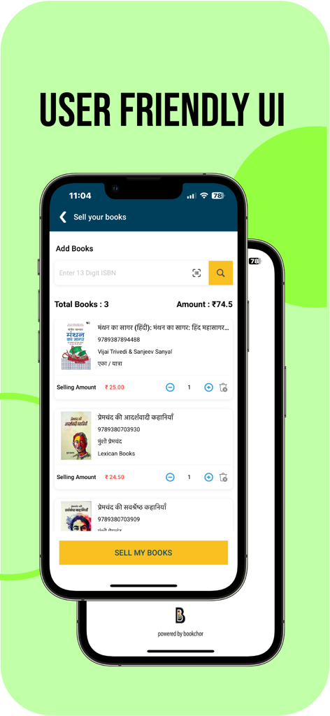 Screenshot of the DUMP app user interface showing a list of books to sell with prices and a scan ISBN feature