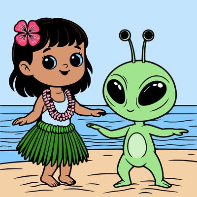 lilo and stitch on a beach doing a hula dance all realistic