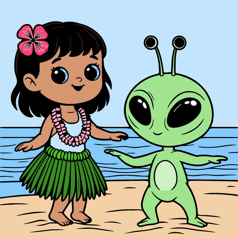 lilo and stitch on a beach doing a hula dance all realistic
