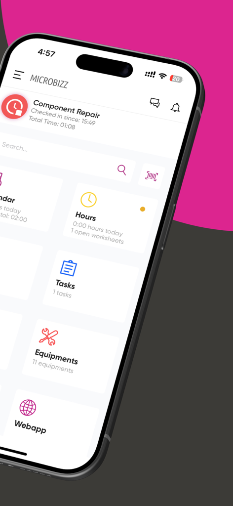 Microbizz 3 - Microbizz 3 mobile app dashboard showing time tracking and task management features for field service professionals