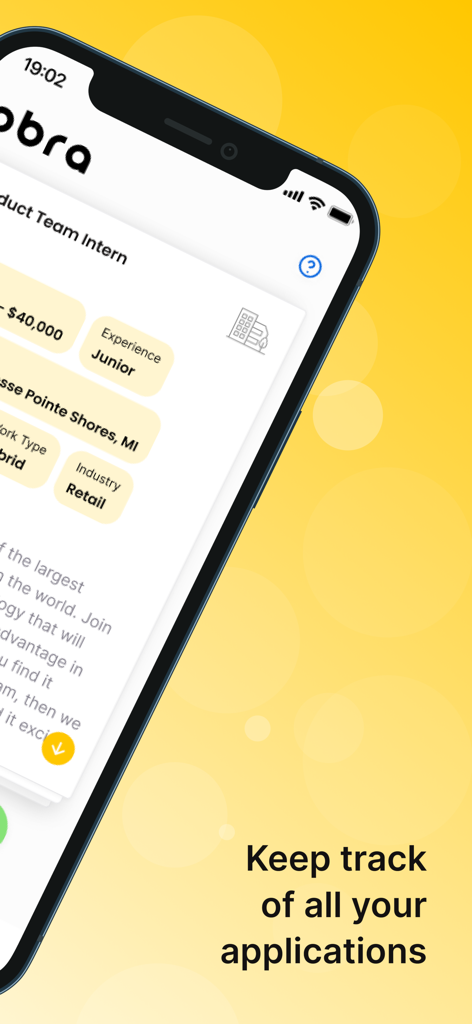 Obra mobile app interface showing a job posting and application tracking feature