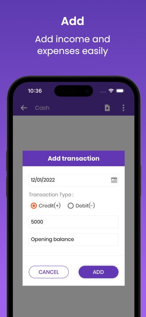 Account Manager - Ledger Book - A mobile interface for the Account Manager app showing a popup to manually add a credit or debit transaction with date and amount fields