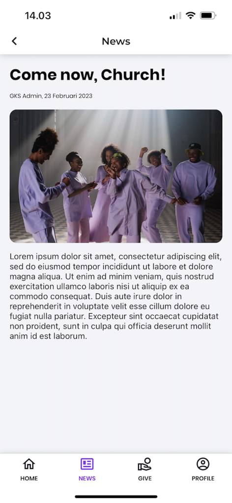 Erista - Erista app news screen showing a church community announcement with a photo of congregation members.