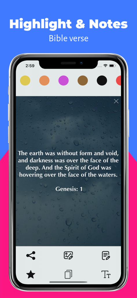 Red Letters King James Version - Interface of the Red Letters King James Version app showing color highlighting and notes for a verse from Genesis