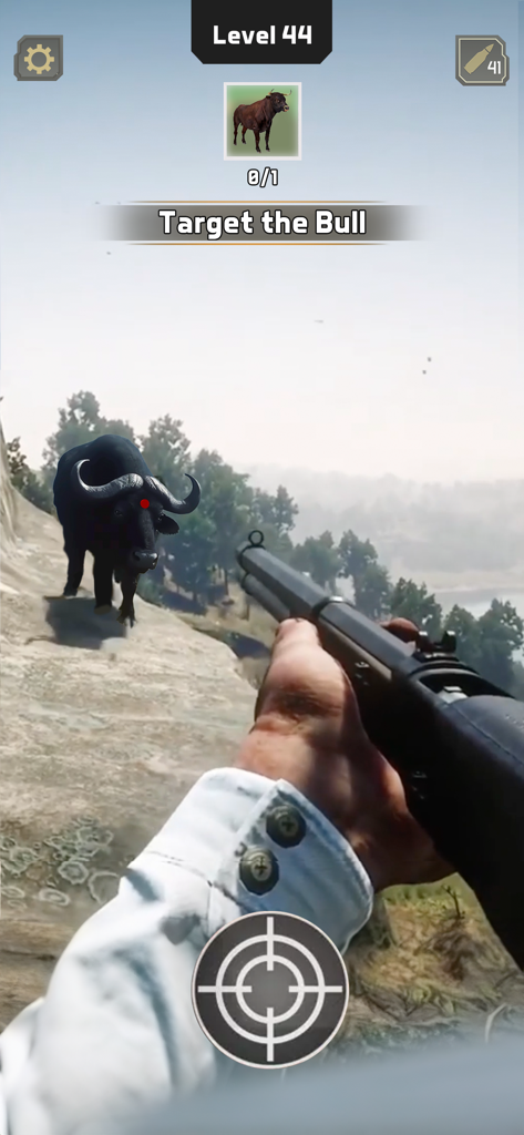 First person view of a rifle aiming at a bull in a 3D wilderness hunting simulator.