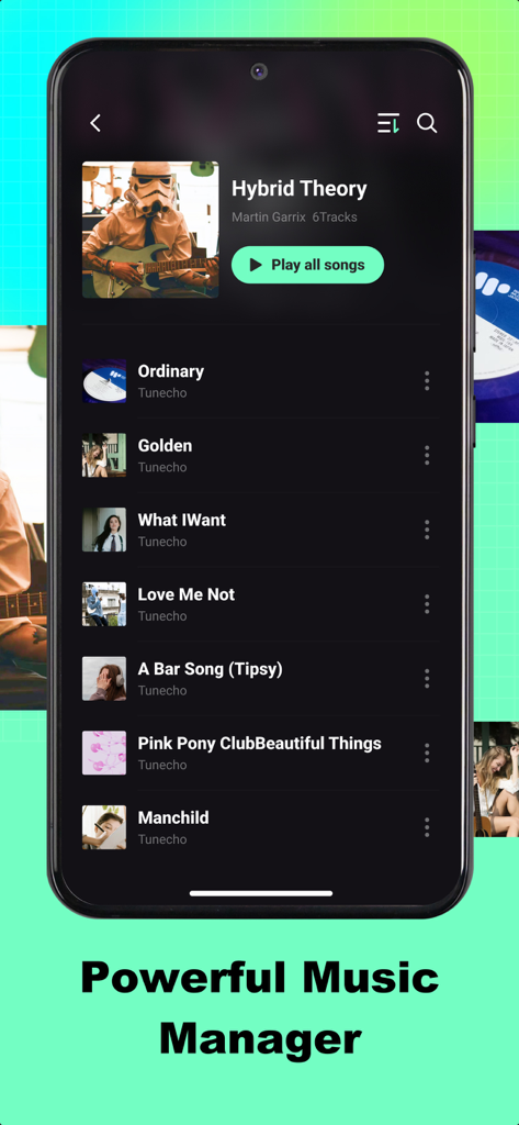 Interfaccia dell'app Tunecho che mostra una libreria musicale con un elenco di brani e l'etichetta di un potente gestore musicale