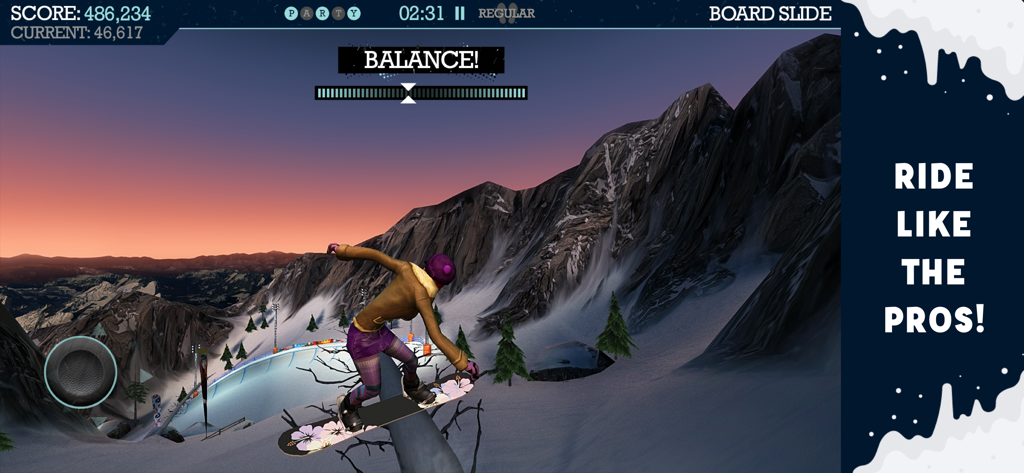 Snowboard Party - Screenshot di gioco di Snowboard Party che mostra un personaggio che esegue un trick di board slide su un pendio di montagna.