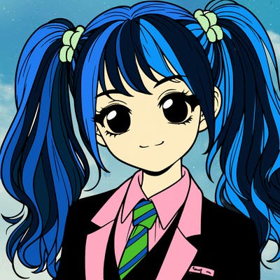 realistic girl with two ponytails and a suit on