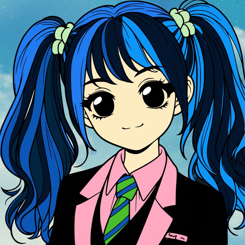 realistic girl with two ponytails and a suit on