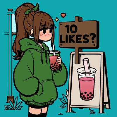 girl with oversized hoodie drinking boba and she has a high ponytail with a sign that says 10likes?