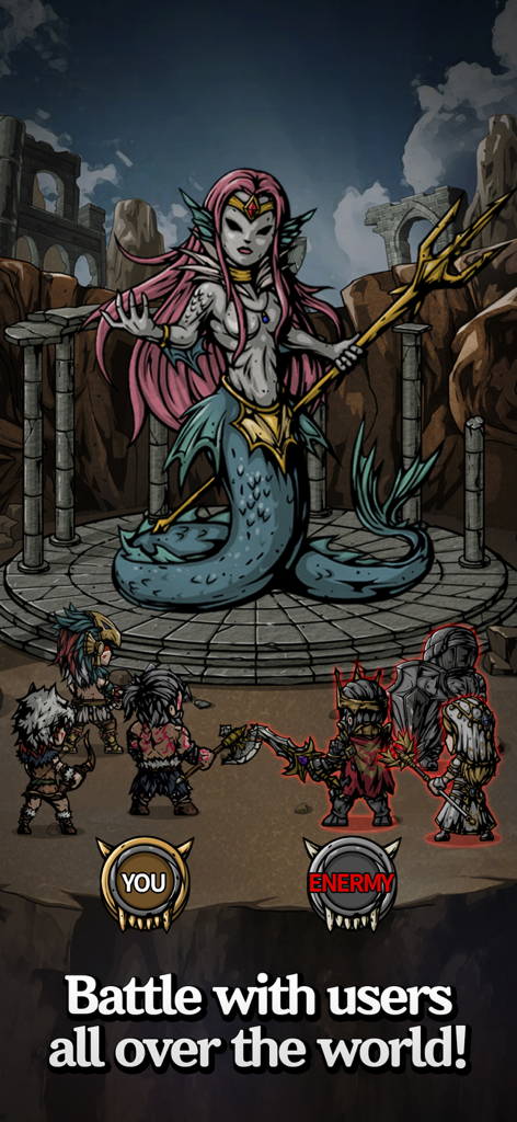 Slay the Titan : Deckbuild RPG - Pantalla de batalla multijugador en Slay the Titan RPG que muestra dos equipos de héroes y un titán sirena gigante.