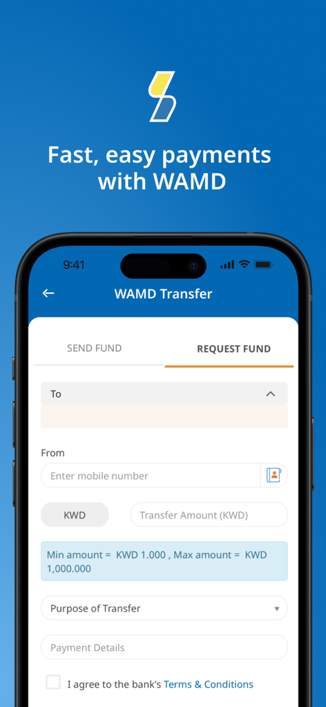 Burgan Bank mobile app interface for requesting funds via WAMD with KWD amount fields