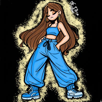 girl in baggy pants crop top and long hair