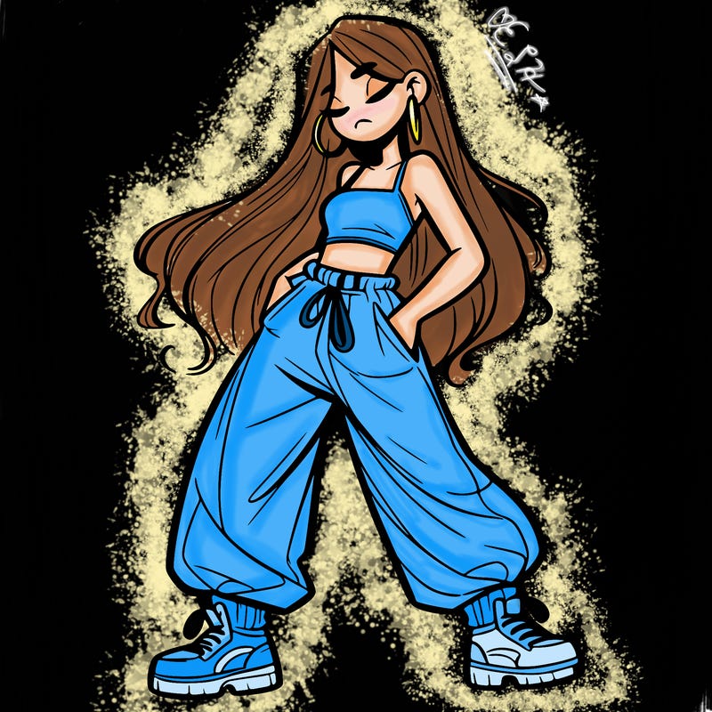 girl in baggy pants crop top and long hair