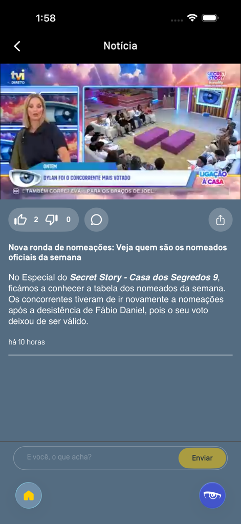 TVI Reality: 1ª Companhia - Pantalla de artículo de noticias en la aplicación TVI Reality con una captura de pantalla de transmisión en vivo y detalles sobre las nominaciones semanales para Secret Story