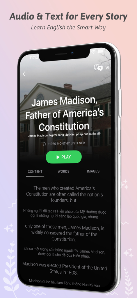 Smartphone displaying a VOA English lesson about James Madison with audio play button and Vietnamese translations