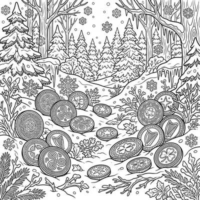Embark on a charming adventure as you color this delightful scene of ancient gold coins nestled amidst a serene winter wonderland. Perfect for adding a touch of magic to a cold day, this design invites you to unleash your creativity.