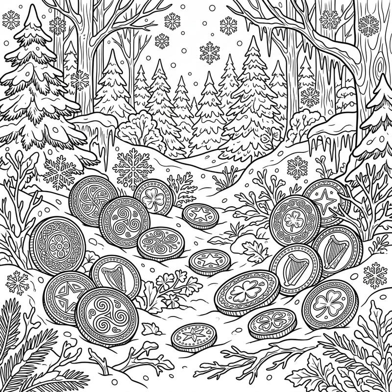 Embark on a charming adventure as you color this delightful scene of ancient gold coins nestled amidst a serene winter wonderland. Perfect for adding a touch of magic to a cold day, this design invites you to unleash your creativity.