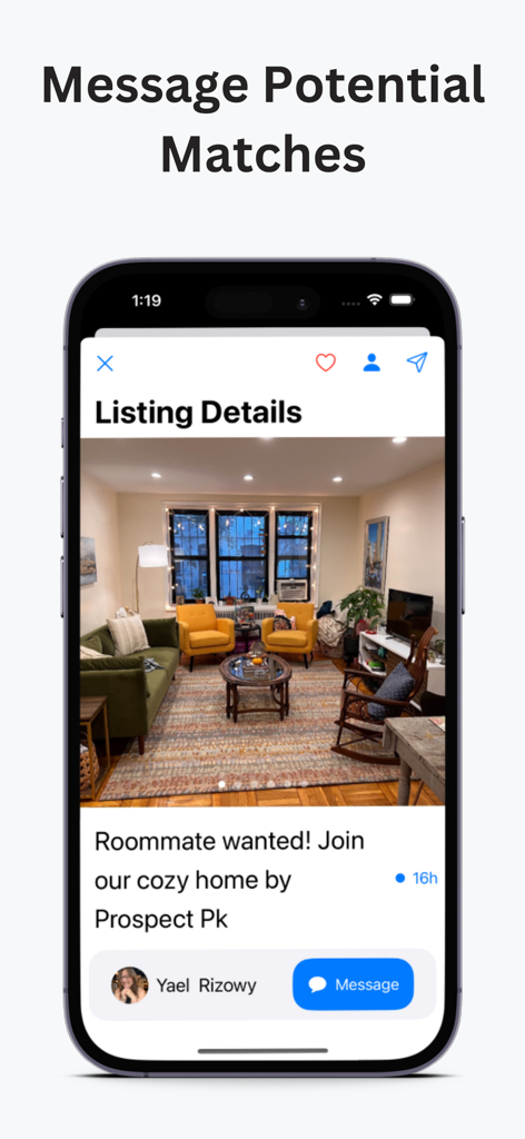 Interface of the Roomie app showing a cozy living room listing and a message button to contact the roommate.