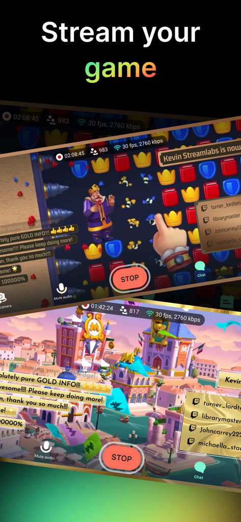 Streamlabs: Live Streaming App - Interface of Streamlabs app showing a live mobile game stream with integrated chat and alerts