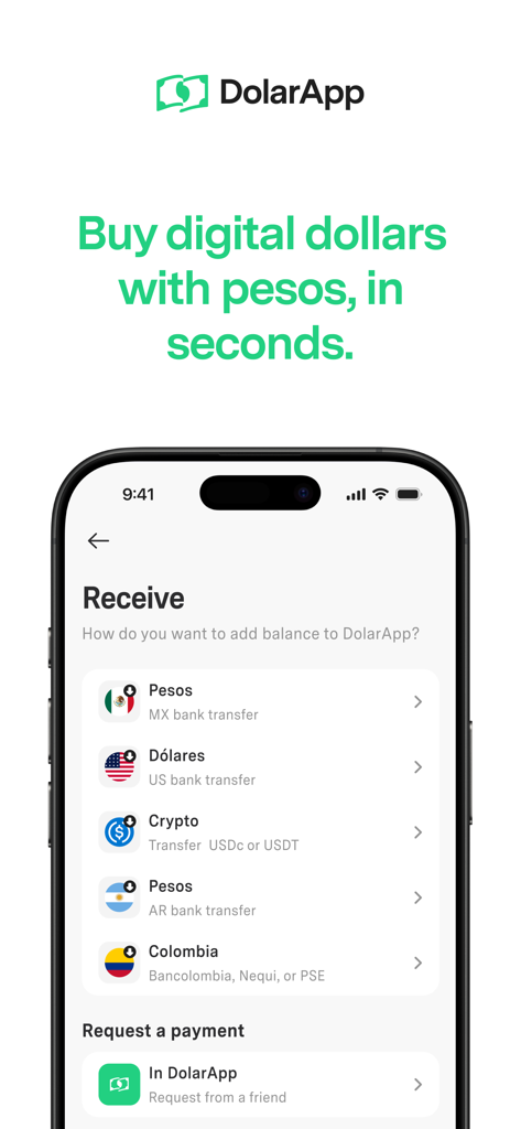 Tela móvel DolarApp mostrando várias opções de depósito, incluindo transferências bancárias dos EUA, pesos mexicanos e argentinos, e cripto.