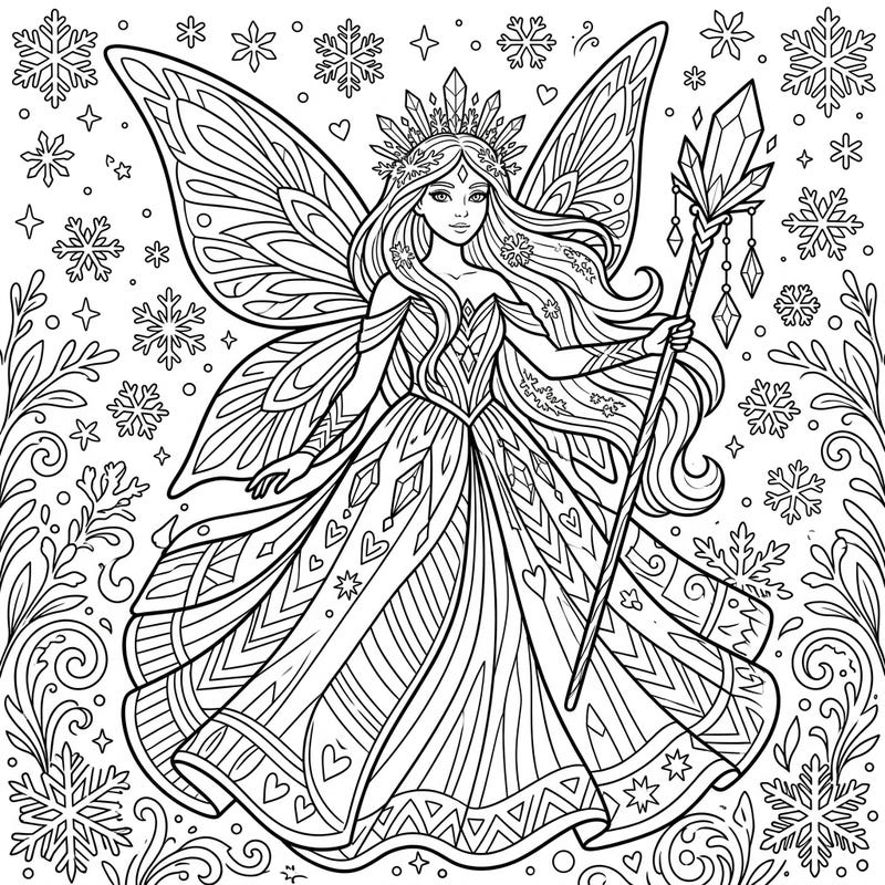 Discover the magic of winter and the spirit of Pride with this exquisite coloring page featuring a regal Winter Fairy. Her ornate design, surrounded by delicate snowflakes, invites you to express your creativity and celebrate diversity.