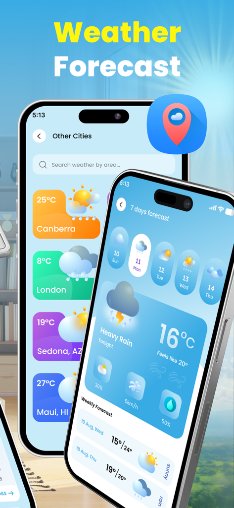 Thermometer: Room Temperature - Mobile App-Oberfläche mit detaillierter Wettervorhersage und Temperaturmesswerten für mehrere Standorte
