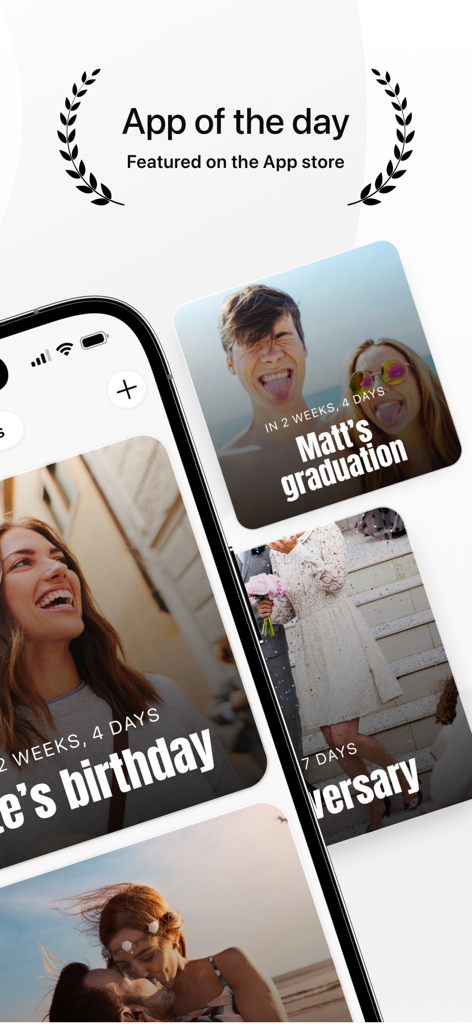Days countdown app interface displaying aesthetic event widgets and App of the Day award