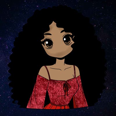 a black anime girl with long afro hair