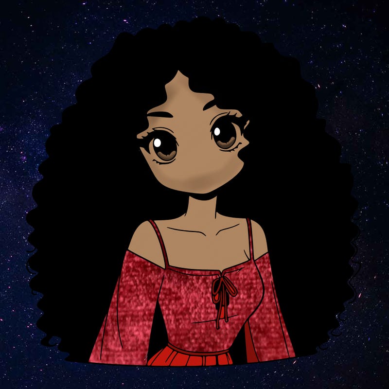 a black anime girl with long afro hair