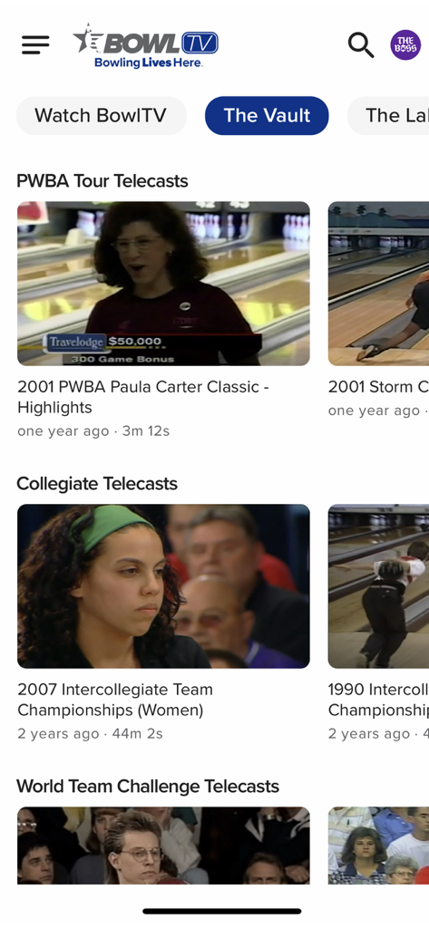BowlTV - BowlTV mobile app interface showing a library of historical bowling tournament telecasts including PWBA and collegiate championships