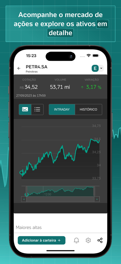 Interface do aplicativo UOL Cotacoes mostrando um gráfico de ações e dados financeiros da Petrobras em um iPhone
