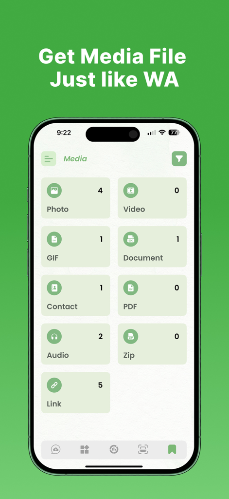 Interfaz de aplicación móvil que muestra archivos multimedia de chat categorizados como fotos, documentos y enlaces