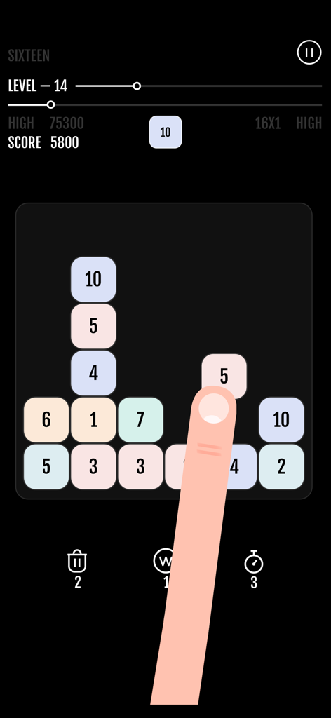 Gameplay minimalista do Sixteen The Puzzle mostrando mesclagem de blocos numerados e progresso de nível
