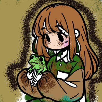 girl with long hair and a oversized shirt. and she is holding a frog