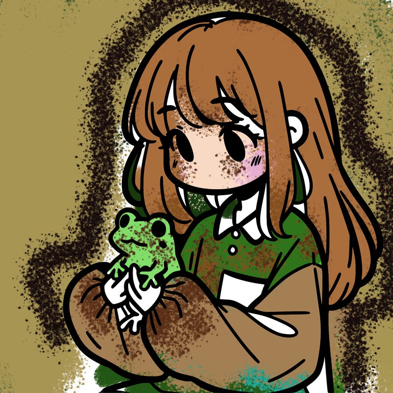 girl with long hair and a oversized shirt. and she is holding a frog