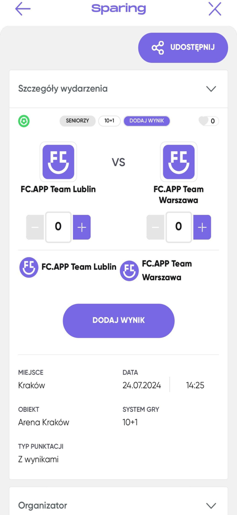 Bildschirm zur Verwaltung von Fußballspielereignissen mit Teamnamen und Optionen zur Spielstandverfolgung