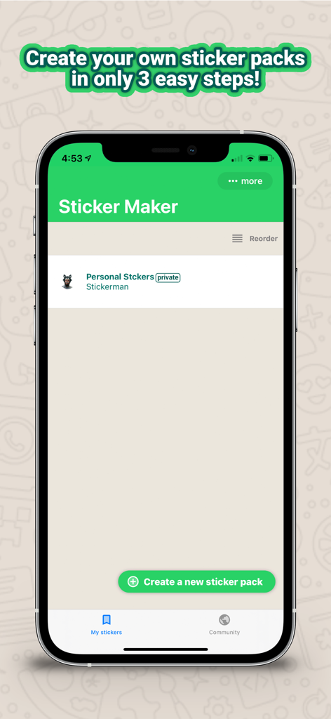Die Hauptoberfläche von Sticker Maker Studio auf einem iPhone mit der Schaltfläche zum Erstellen eines neuen Sticker-Packs