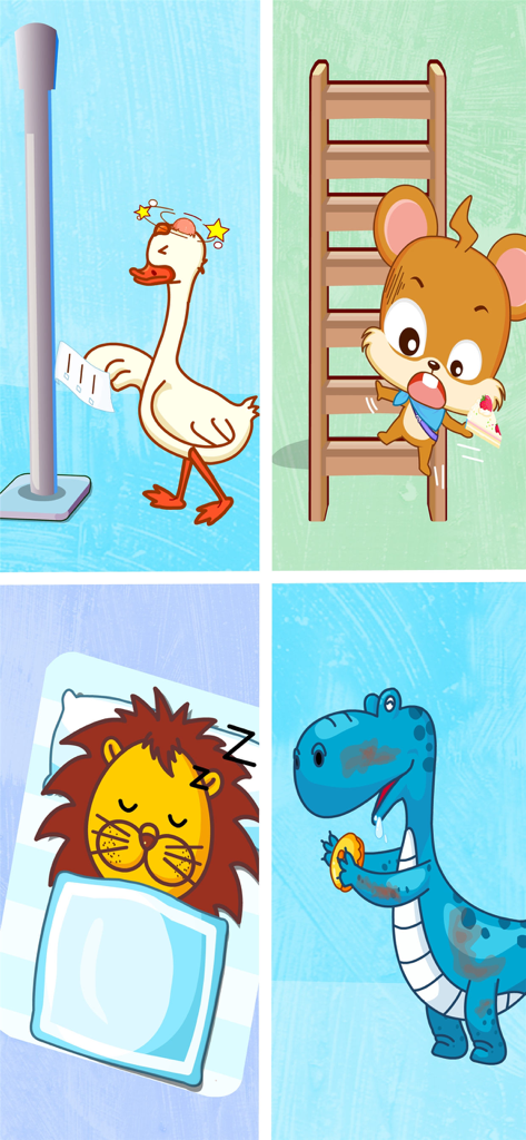 Un'oca stordita, uno scoiattolo che cade da una scala, un leone addormentato e un dinosauro maculato.