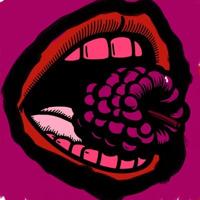mouth with a razzberry in the mouth