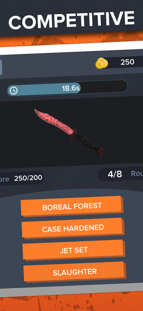 Benutzeroberfläche des kompetitiven Modus der CS GO Trivia-App mit einem Messer-Skin und Multiple-Choice-Optionen.