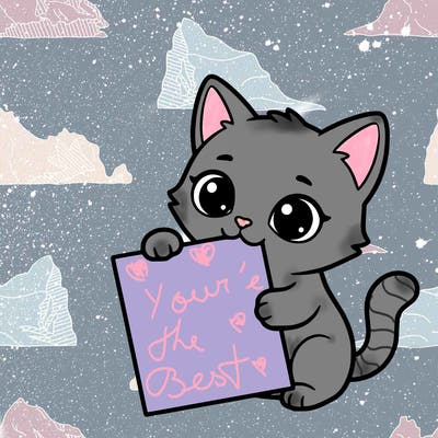 a small cat with a blank sheet of paper in its hand. the cat is sooooooo cute!