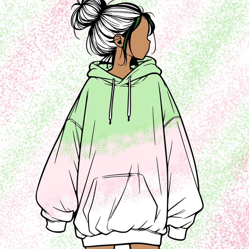 realistic girl with a oversized sweatshirt on and a bun