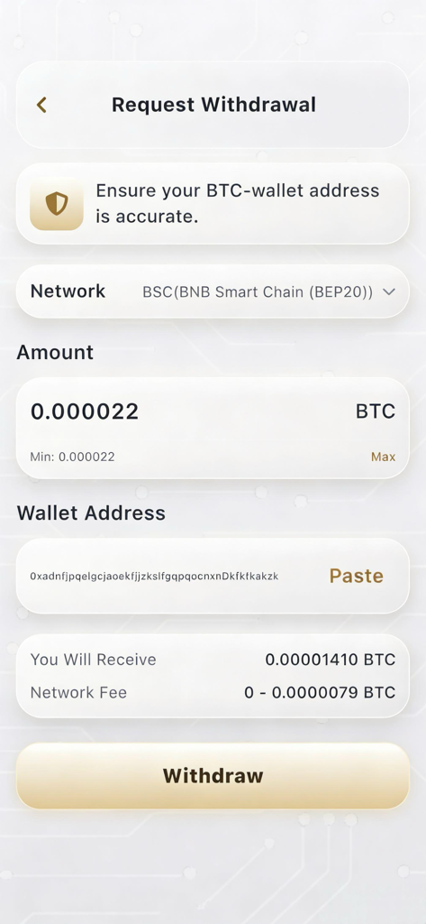 BitVexor: Crypto Rewards - Interfaz de la aplicación BitVexor que muestra la pantalla de solicitud de retiro de recompensas de Bitcoin.