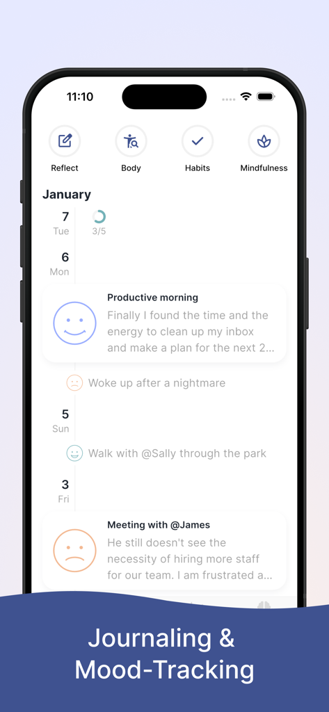 Me: Self Care App - Benutzeroberfläche der Me Self Care App, die eine chronologische Zeitleiste von Tagebucheinträgen mit Stimmungssymbolen und Beschreibungen zeigt