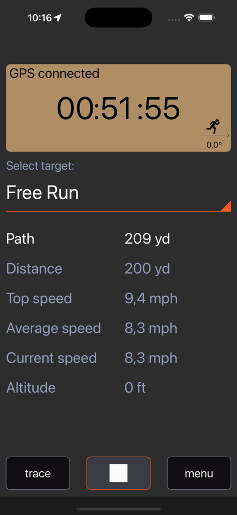 Screenshot der Jogging App-Oberfläche, die Laufzeit-, Distanz- und Geschwindigkeitsstatistiken anzeigt